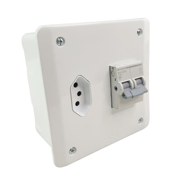 Caixa proteção suporte disjuntor bipolar + tomada 20A